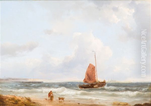 A Fishing Boat Going Out To Sea Oil Painting by Johannes Hermanus Koekkoek