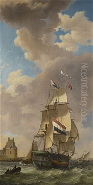 A Merchantman Off Veere Oil Painting by Johannes Hermanus Koekkoek