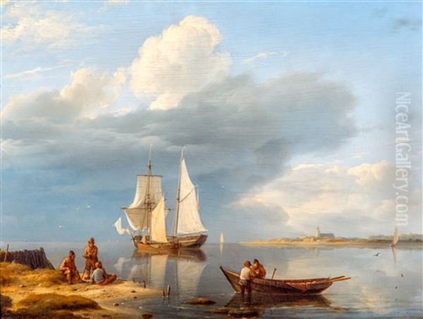 Sailingboot On Calm Sea With Figures On The Shore Oil Painting by Johannes Hermanus Koekkoek