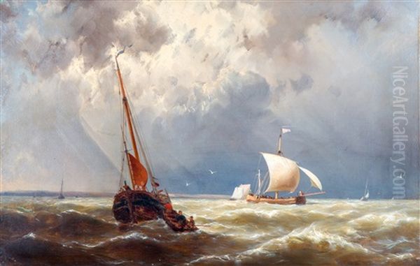 Sailing Vessels In Choppy Waters Oil Painting by Johannes Hermanus Koekkoek