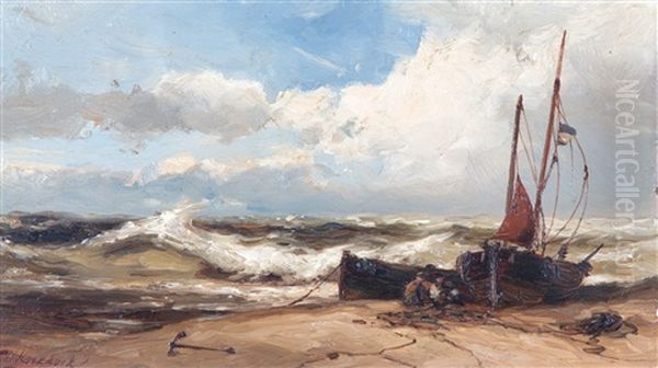 A Breezy Day With Fishermen Mending Their Nets On The Shore by Johannes Hermanus Koekkoek