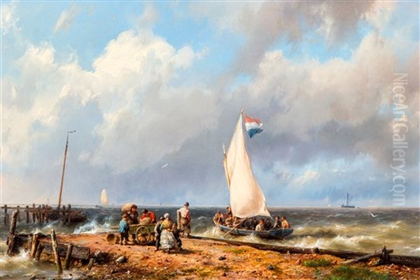 Dutch Sailing Boat On Choppy Water At The Harbour Entrance Oil Painting by Johannes Hermanus Koekkoek