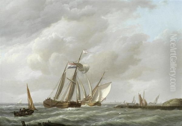 Dutch Shipping On A Blustery Day Oil Painting by Johannes Hermanus Koekkoek