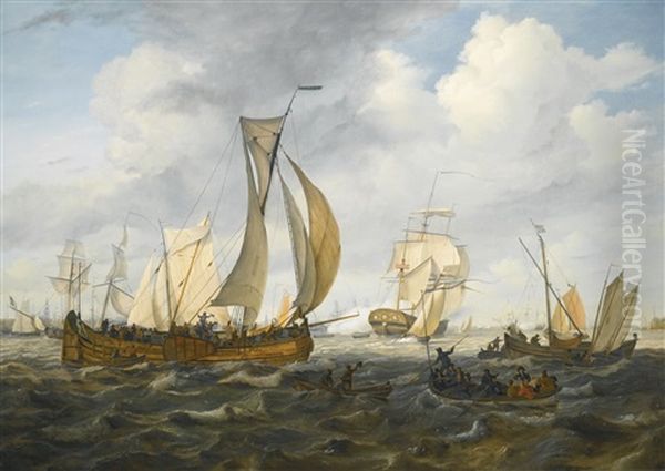 Ships On The Ij, With The Westertoren In The Distance Oil Painting by Johannes Hermanus Koekkoek