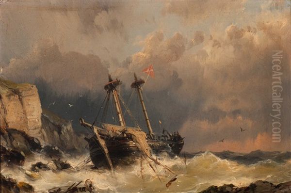 Shipwreck Near A Rocky Coastline Oil Painting by Johannes Hermanus Koekkoek