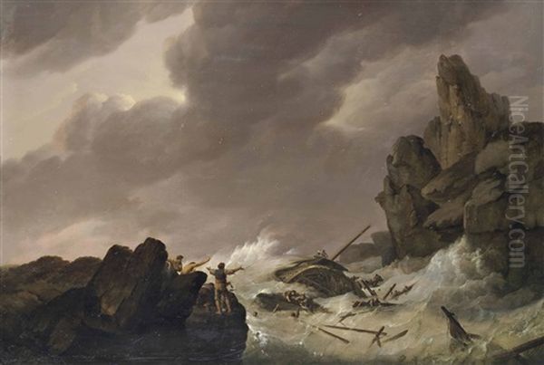 Shipping In Perilous Waters Oil Painting by Johannes Hermanus Koekkoek