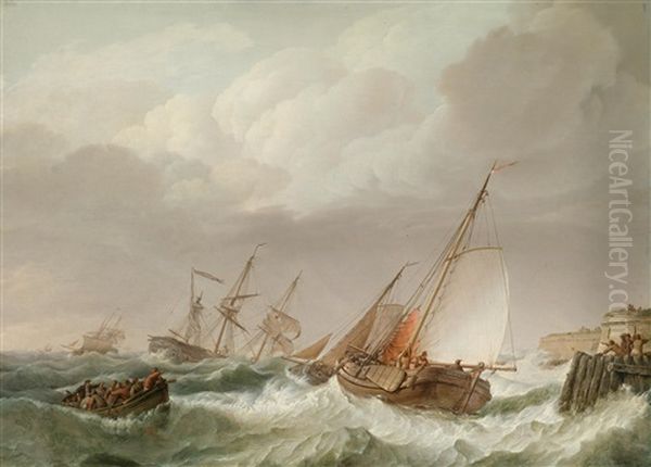 Schiffe In Seenot Vor Der Kuste Oil Painting by Johannes Hermanus Koekkoek