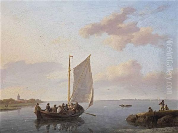 Sailing In A Calm Estuary Oil Painting by Johannes Hermanus Koekkoek