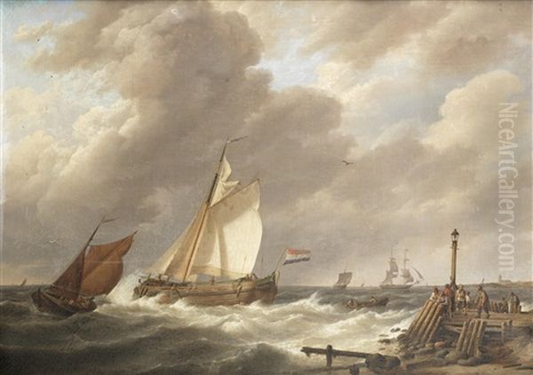 Sailing Vessels At The Mouth Of An Estuary Oil Painting by Johannes Hermanus Koekkoek