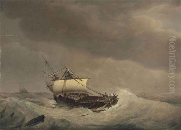 A Ship In Stormy Waters Oil Painting by Johannes Hermanus Koekkoek