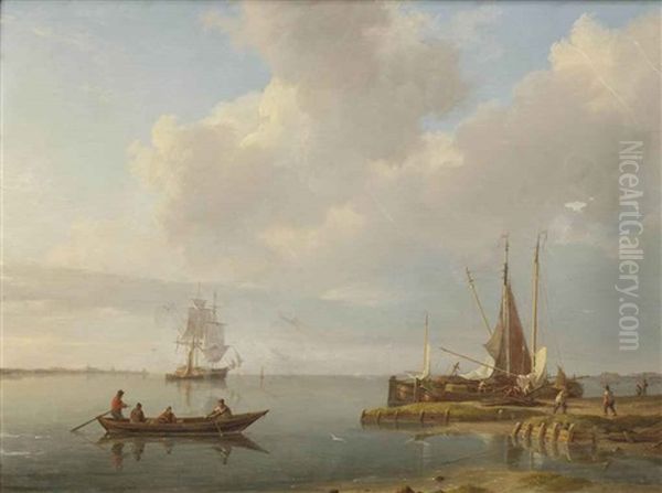 Fishermen And Fishing Boats On A Calm Estuary Oil Painting by Johannes Hermanus Koekkoek