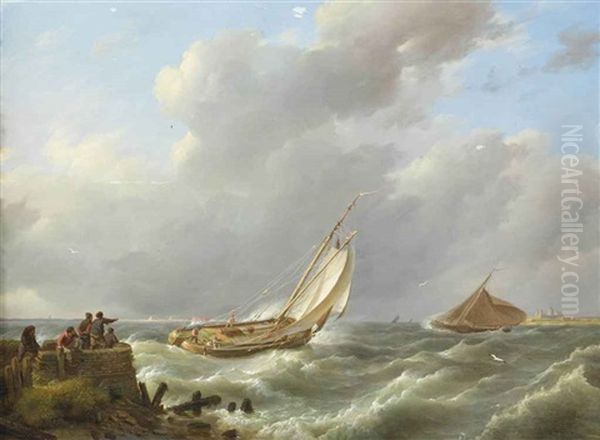 A Sailing Boat On Choppy Waters, Muiden In The Distance Oil Painting by Johannes Hermanus Koekkoek