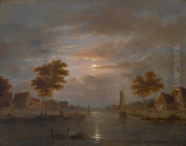 Abendliche Kanallandschaft Oil Painting by Johannes Hermanus Koekkoek