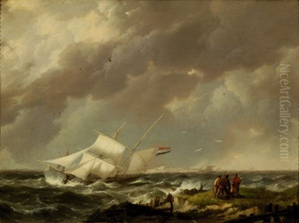 Figures On A Pier And A Ship On The Water In Rough Weather Oil Painting by Johannes Hermanus Koekkoek