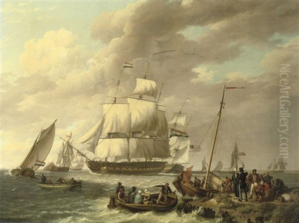 Een Hollands, Amerikaans, Engels, Deens En Zweeds Fregat Op De Westerschelde: Several Frigates Near A Jetty Oil Painting by Johannes Hermanus Koekkoek