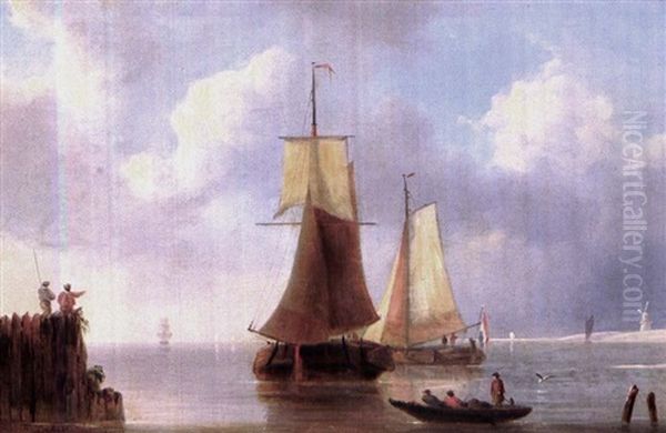 Voiliers Aux Abords D'un Port En Hollande Oil Painting by Johannes Hermanus Koekkoek