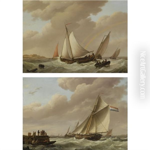 Sailing In Choppy Waters (+ Sailing Ships Approaching The Harbour; Pair) Oil Painting by Johannes Hermanus Koekkoek