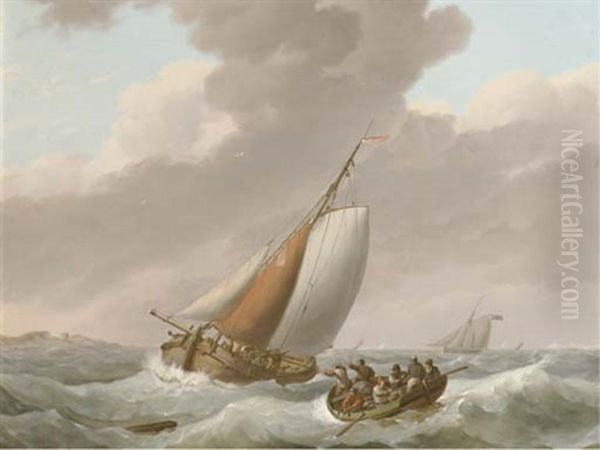 Barges On Choppy Waters Oil Painting by Johannes Hermanus Koekkoek