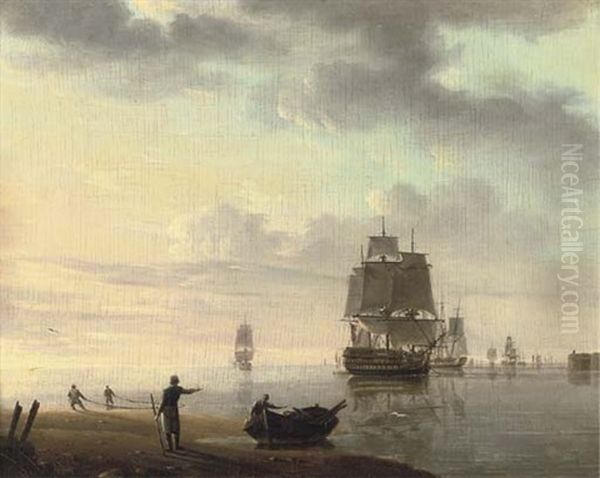 Men-o'war And Other Shipping In An Offshore Anchorage (+ Running Inshore In A Gale; Pair) Oil Painting by Johannes Hermanus Koekkoek