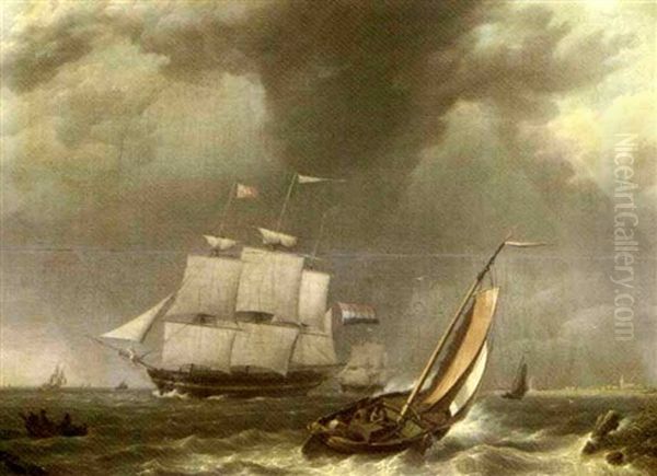 A Frigate Under Sail By A Coast Oil Painting by Johannes Hermanus Koekkoek