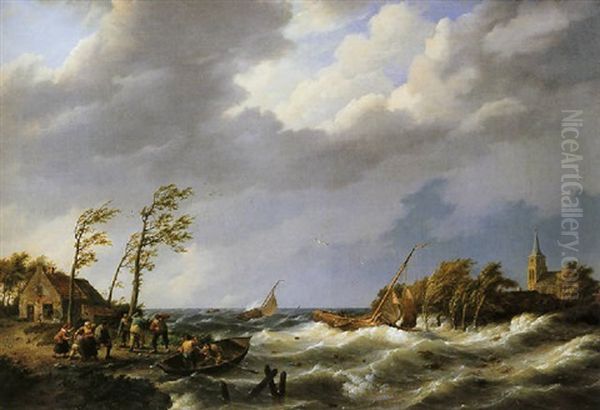 Dutch Fishing Vessel Caught On A Lee Shore With Villagers And A Rescue Boat In The Foreground Oil Painting by Johannes Hermanus Koekkoek