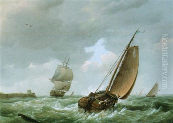 Sainling Boats On A Choppy Sea Oil Painting by Johannes Hermanus Koekkoek