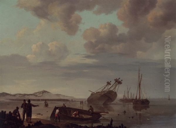 De Gestrande Boot: A Beached Three-master With Beachcombers Along The Shore Oil Painting by Johannes Hermanus Koekkoek