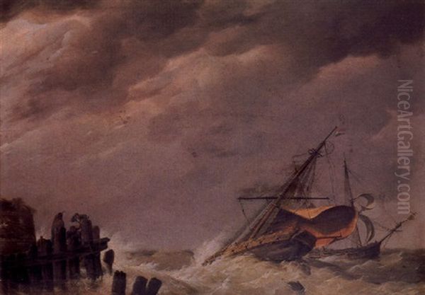 Dutch Vessels In A Squall With Figures On A Wooden Jetty Oil Painting by Johannes Hermanus Koekkoek