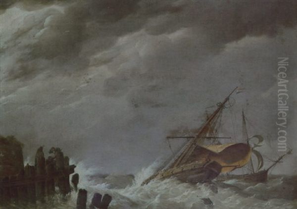 Dutch Vessels In A Squall With Figures On A Wooden Jetty Oil Painting by Johannes Hermanus Koekkoek