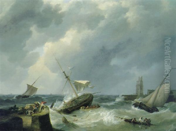 Dutch Barges Caught In A Squall Oil Painting by Johannes Hermanus Koekkoek