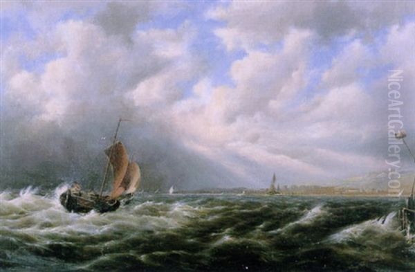 Shipping Off The Coast In A Stiff Breeze Oil Painting by Johannes Hermanus Koekkoek