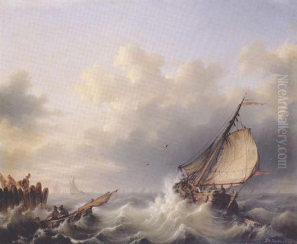 Shipping In A Heavy Sea Oil Painting by Johannes Hermanus Koekkoek