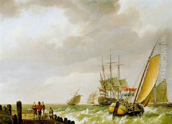 Zeilshepen Voor De Kust Oil Painting by Johannes Hermanus Koekkoek