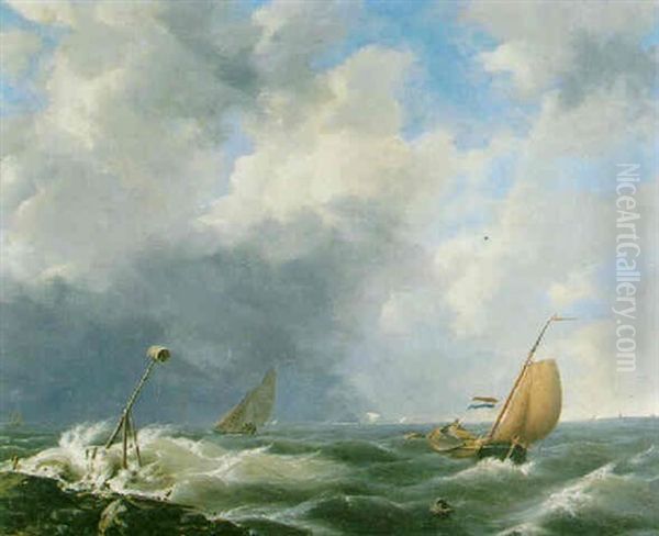 Shipping Off The Coast In A Stiff Breeze Oil Painting by Johannes Hermanus Koekkoek