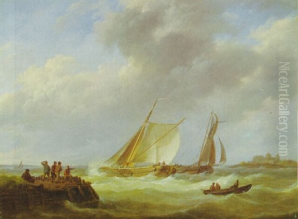 Segelschiffe Bei Sturmischer See Vor Der Kuste by Johannes Hermanus Koekkoek