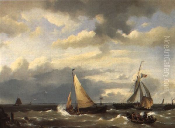 Shipping On An Estuary Oil Painting by Johannes Hermanus Koekkoek