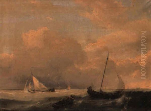 Dutch Barges In A Stormy Estuary Oil Painting by Johannes Hermanus Koekkoek