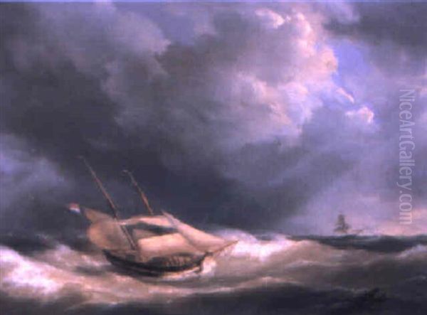 A Dutch Sailing Vessel In A Heavy Swell Oil Painting by Johannes Hermanus Koekkoek