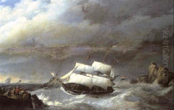 Dutch Shipping Off A Rocky Coastline Oil Painting by Johannes Hermanus Koekkoek