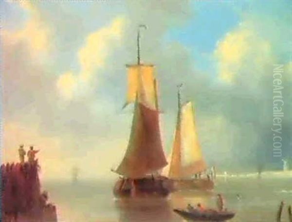 Shipping In A Calm Sea Oil Painting by Johannes Hermanus Koekkoek