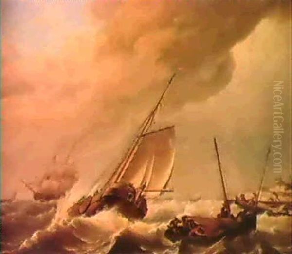 Shipping On A Rough Sea Oil Painting by Johannes Hermanus Koekkoek