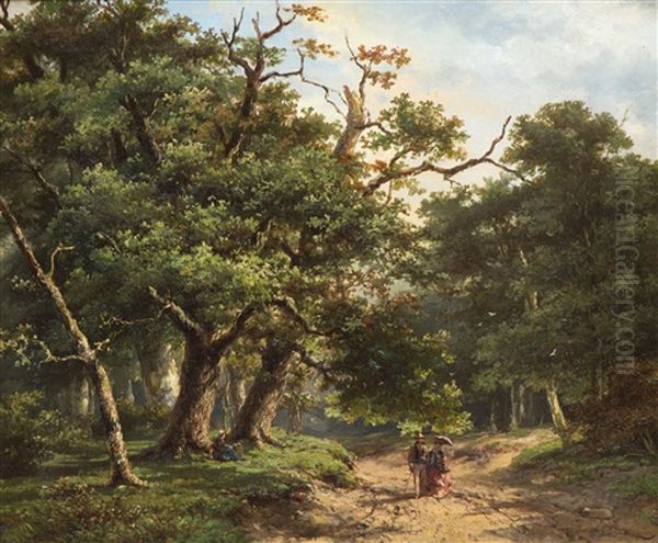 An Elegant Couple Strolling Through A Sunny Forest Oil Painting by Johannes Hermanus Barend Koekkoek