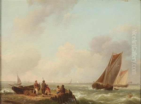 Boats On River Oil Painting by Johannes Hermanus Barend Koekkoek