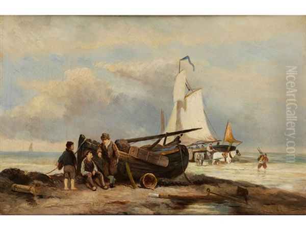 Kustenstuck Mit Booten Und Treidler Oil Painting by Johannes Hermanus Barend Koekkoek