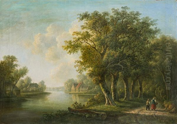 Baumbestandene Flusslandschaft Mit Spaziergangern Oil Painting by Johannes Hermanus Barend Koekkoek