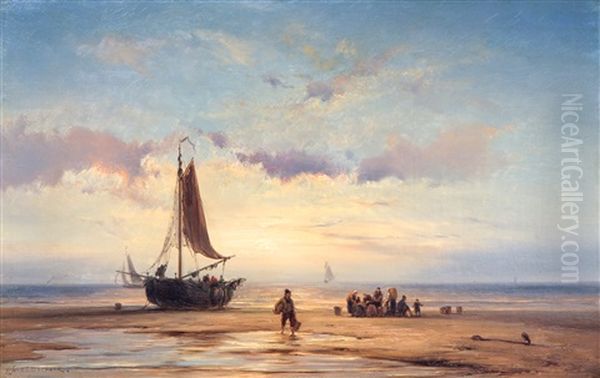 Fisherfolk On The Beach At Sunset Oil Painting by Johannes Hermanus Barend Koekkoek