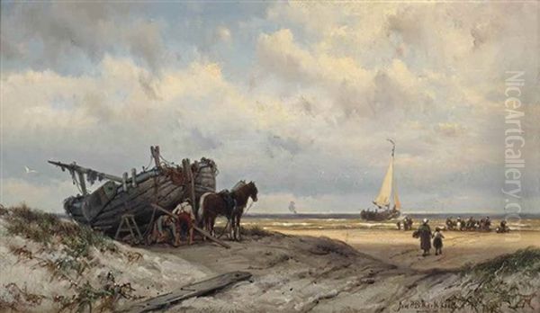 Repairing The Vessel In The Dunes Oil Painting by Johannes Hermanus Barend Koekkoek