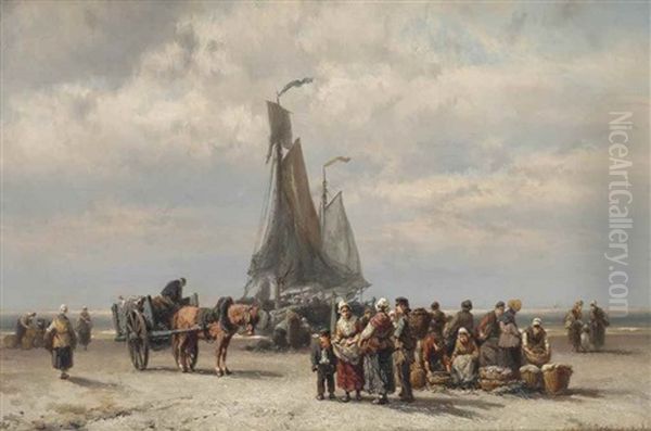 Collecting The Catch At Low Tide Oil Painting by Johannes Hermanus Barend Koekkoek