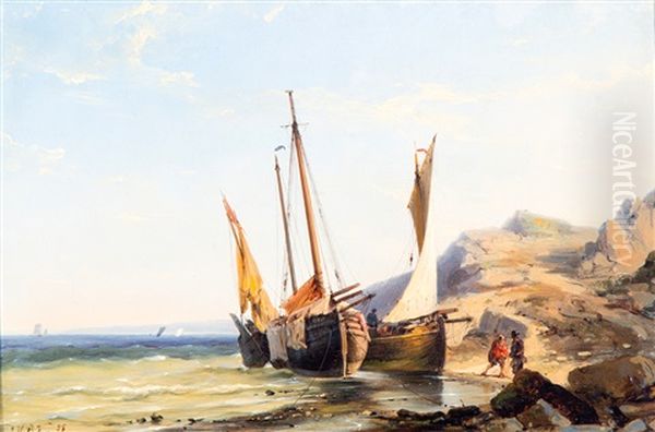 Vissersbootje In Baaitje Aan De Engelse Kust Oil Painting by Johannes Hermanus Barend Koekkoek