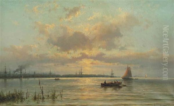 Gezigt Op De Maas Voor Rotterdam Bij Ondergaande Zon: Ships On The River Maas At Sunset, Rotterdam Oil Painting by Johannes Hermanus Barend Koekkoek